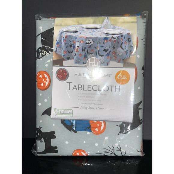 Huntington Home Vinyl Tablecloth 70” Round Halloween Jack O'Lantern Black Cat - Picture 1 of 8